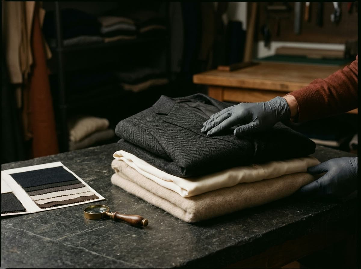 A specialist inspecting wool, silk and cashmere garments against fabric swatches
